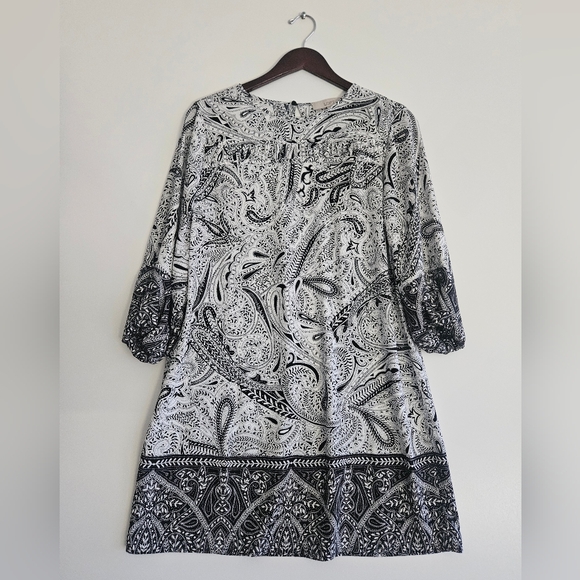 LOFT Black & White Paisley Border Print Midi Dress | Boho Chic Mod Shift - Picture 3 of 6